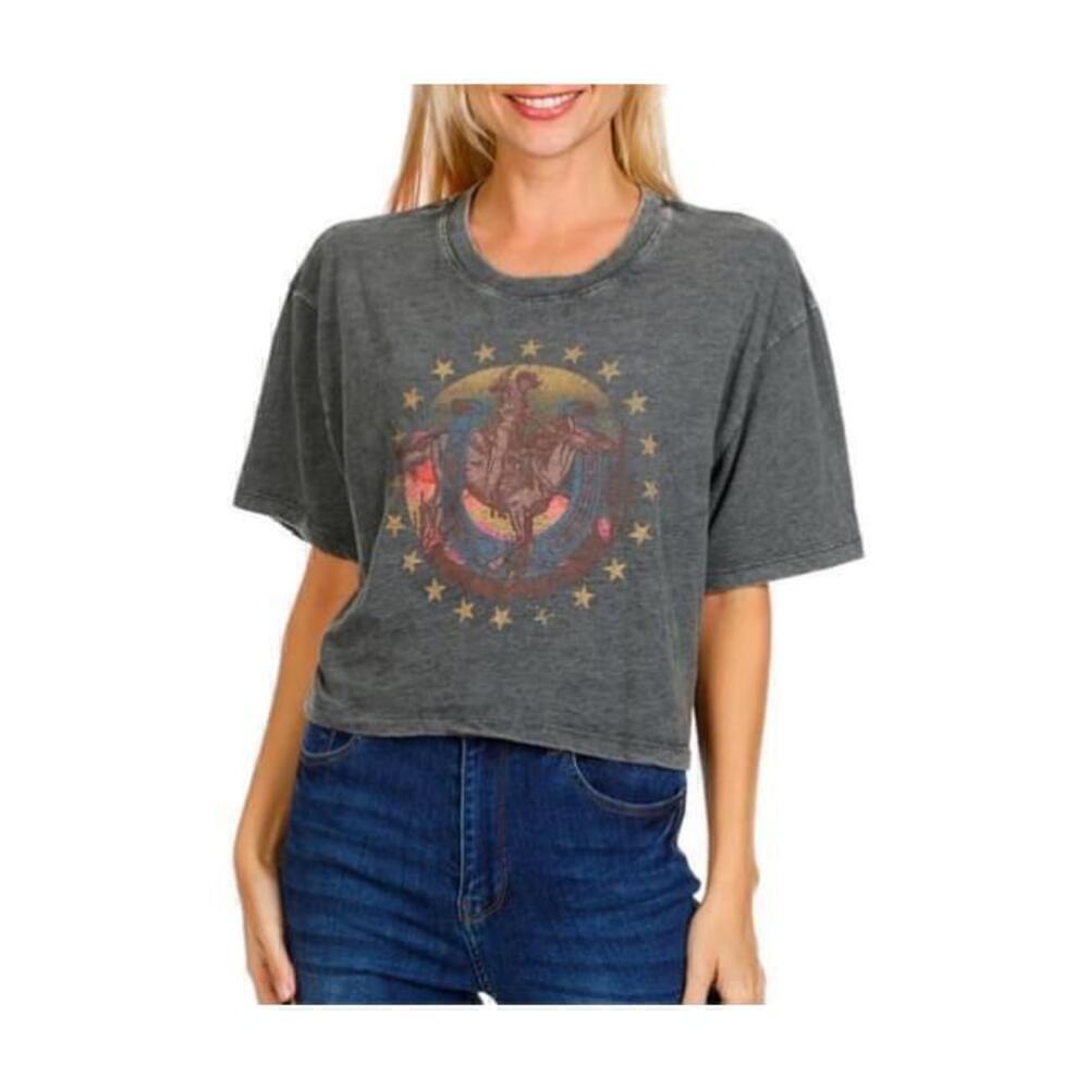 NWT Cowboy Rodeo Gray Short Sleeve Crop Top Size M